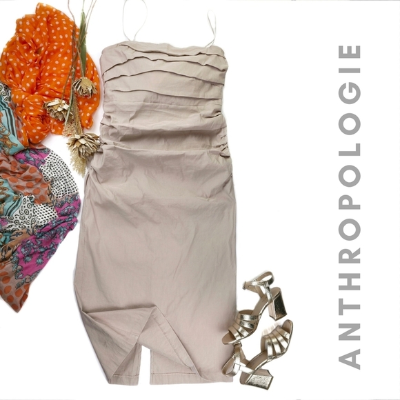 New Anthropologie Beige Layered Ruche Dress Sz L - Picture 2 of 11